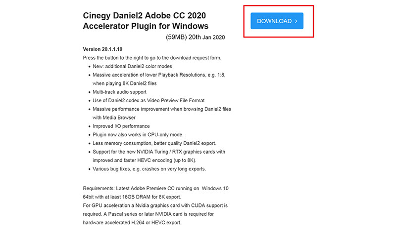 Cinegy Daniel2 Adobe CC 2020 Accelerator Plugin for Windows を選択