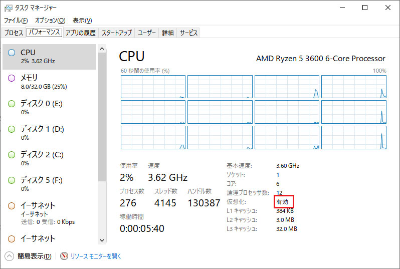 タスクマネージャーで仮想化が有効になります