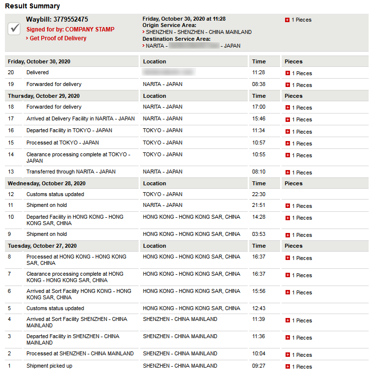 DHL のサイトでの追跡状況